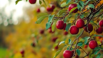 Obraz premium Ripe Red Apples on Branches. Picturesque Autumn Apple Orchard During a Golden Sunrise.