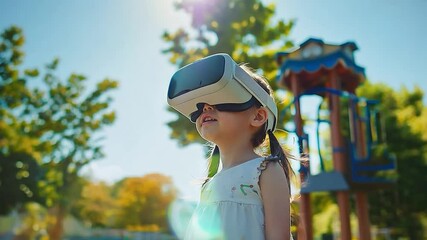 A little girl with VR headset using AI artificial intelligence technology while playing at playground - Powered by Adobe