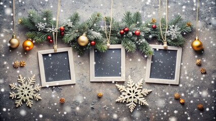 Polaroid Retro Photo Frames Mockup on Grey Background with Winter Decoration, Fluffy Snowflakes, Perfect for Christmas Memories, Visual Templates for Holiday Projects