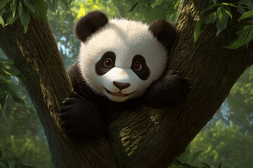 Obraz premium A baby panda climbing a tree, with its clumsy movements and fluffy body adding to its charm. A panda cub playing in a tree.