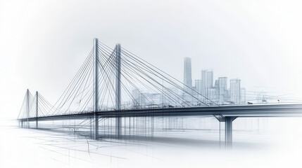 Obraz premium Modern suspension bridge with city skyline in background, showcasing architectural design and engineering. image captures sleek, minimalist aesthetic
