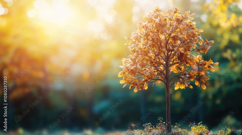 Poster autumn tree with golden leaves illuminated by sunlight, soft bokeh background.