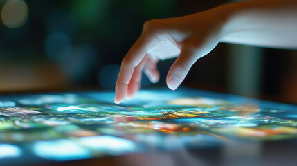Fototapeta premium hand swiping across glowing touchscreen displaying vibrant images, creating serene and immersive experience