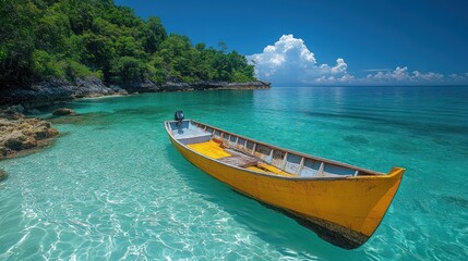 Fototapeta premium A serene yellow boat anchored in clear turquoise waters.