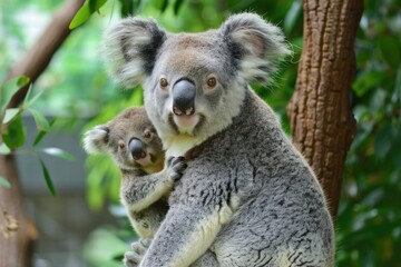 Naklejka premium Mother Koala Holding Her Joey in a Lush Green Forest