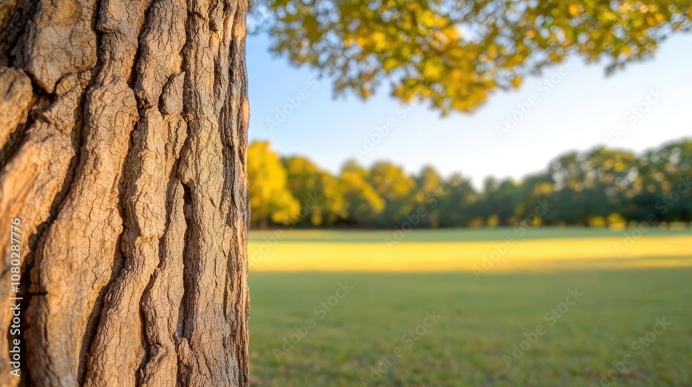 Aufkleber close-up of a tree trunk with green grass in a sunny outdoor setting.