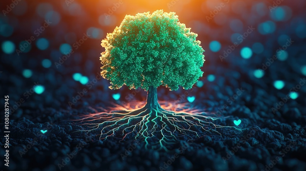 Poster vibrant tree with roots, illuminated by soft light, on a textured dark surface.