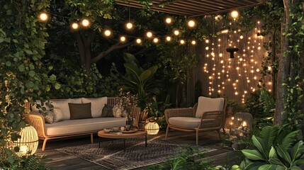 Fototapeta premium Picture a serene garden with cozy seating, twinkling lights, and lush greenery, perfect for relaxing evenings, casual gettogethers, and entertaining dear guests while enjoying nature