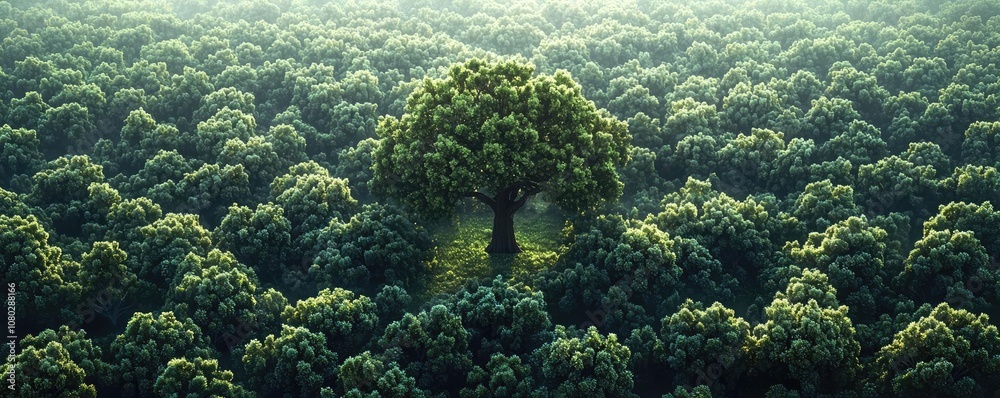Poster lush green forest with a single tree standing out from the dense foliage.