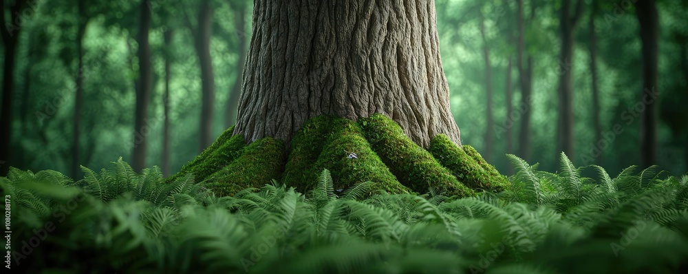Poster moss-covered tree roots in a lush forest with ferns, vibrant and serene environment.