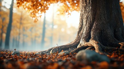 Obraz premium Close-up of a majestic tree trunk with autumn leaves on a tranquil forest floor.