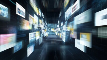 Concept of assembling a web page from modules that fly around the display. The web design studio concept page is on the display