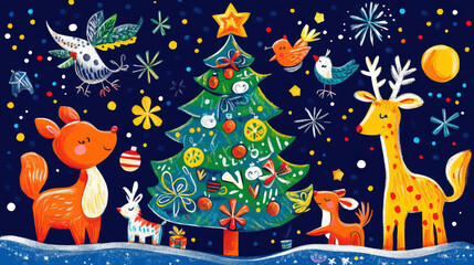 Children's hand-drawn illustration of Christmas night with dancing animals near the New Year tree. Generative AI