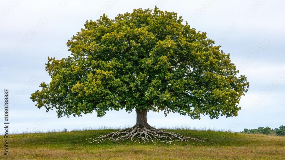 Poster Single tree with lush foliage and exposed roots in a serene field setting.
