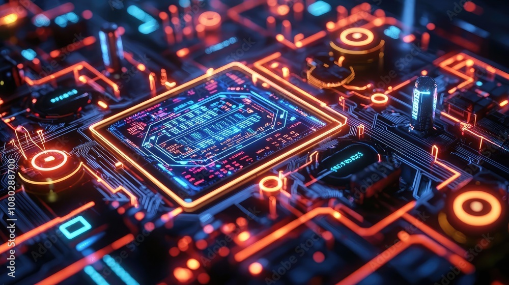 Poster close-up of an intricate circuit board with glowing electronic components.