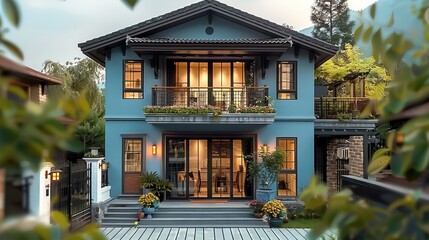 Fototapeta premium Two-story building, sloping roof tile house, blue brick exterior wall, railings, terrace on the second floor, courtyard at the gate, courtyard with green plants.