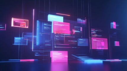 Concept of assembling a web page from modules that fly around the display. The web design studio concept page is on the display