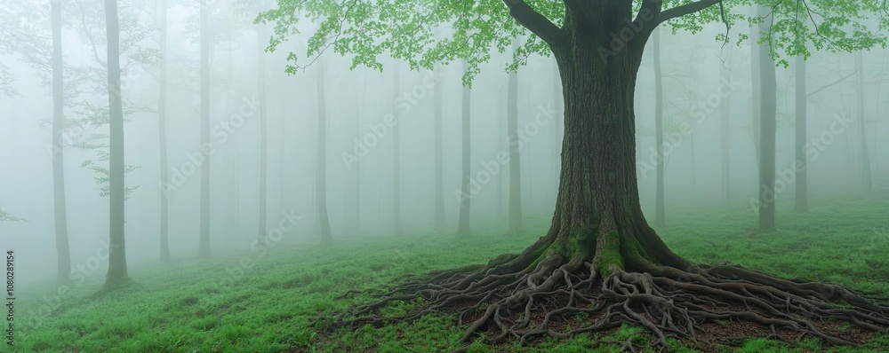 Poster a majestic tree with visible roots in a foggy forest setting.