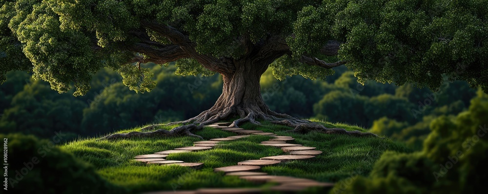 Poster majestic tree with winding path in a lush green landscape, serene and inviting atmosphere.