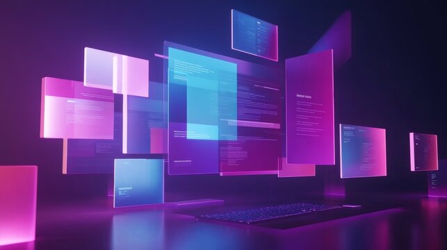 Concept of assembling a web page from modules that fly around the display. The web design studio concept page is on the display