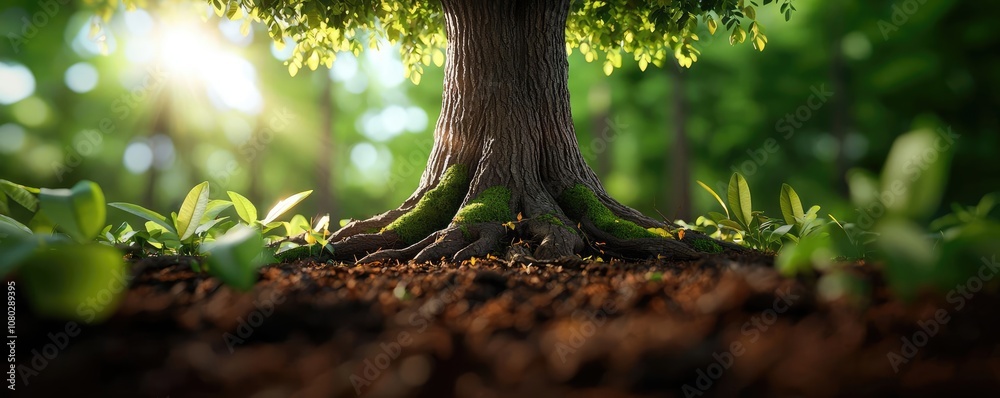 Poster Close-up view of a tree trunk with roots and green leaves in the sunlight.