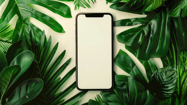 smartphone surrounded by lush green leaves, perfect for nature themed designs. blank screen invites creativity and personalization