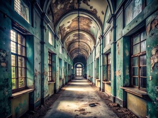 Sinister Whispers in an Abandoned Asylum: Haunting Panoramic Photography of Unseen Spirits in Minimalist Flat Color Illustration Style