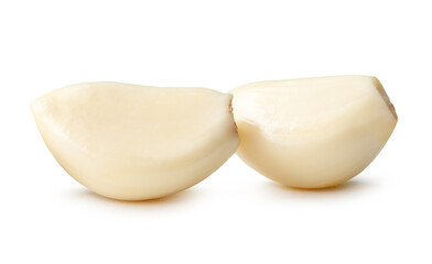 Side view of peeled garlic cloves in stack isolated on white background with clipping path