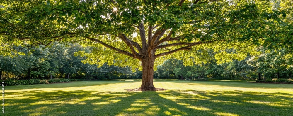 Aufkleber lush green tree casting shadows on a sunny day in a serene park setting.
