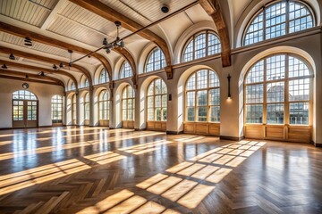 Obraz premium Spacious Documentary Photography of a Large Open Room with High Ceilings and Arched Windows, Showcasing Architectural Elegance and Natural Light in a Serene Setting