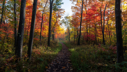 Autumn Forest Path with Vibrant Red and Orange Leaves in Morning Sunlight