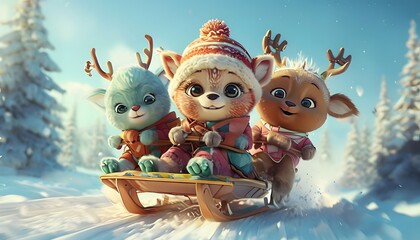 Fototapeta premium Cute animal character on snow sledding. Generative AI.