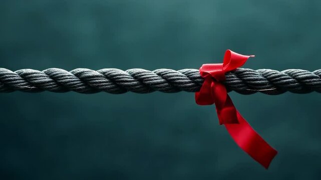 Long tug of war rope pulled tight, with red ribbon tie

