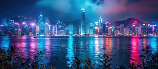 Obraz premium Nighttime Cityscape with Neon Lights and Reflections