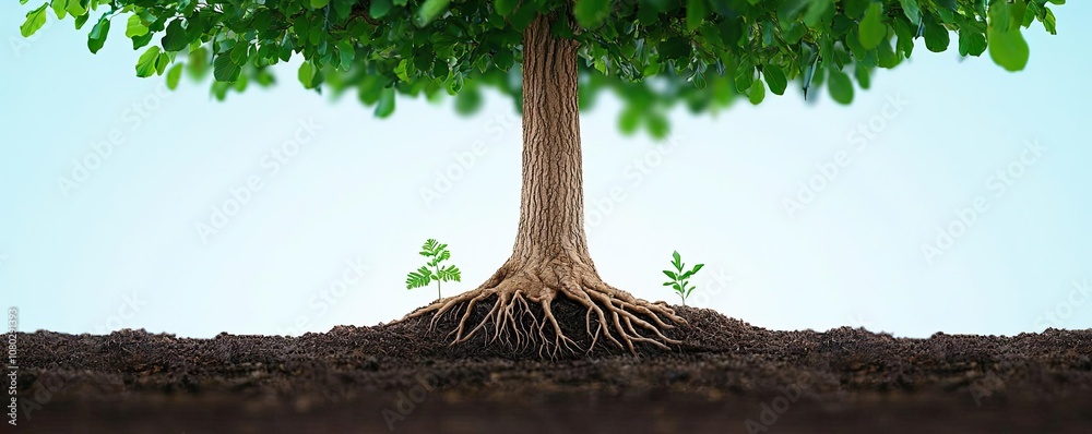 Poster tree trunk with roots and green leaves, isolated on white background.