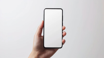 person holding blank smartphone with minimalist design, showcasing modern touch screen. device is sleek and stylish, perfect for showcasing apps or designs