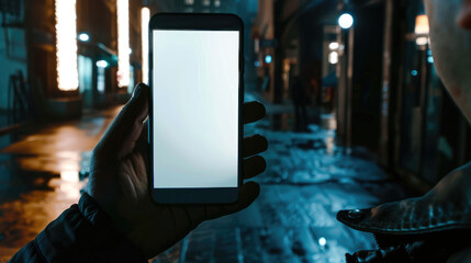 person holding smartphone in dimly lit urban street at night, showcasing blank screen. atmosphere is moody and modern, with reflections on wet pavement