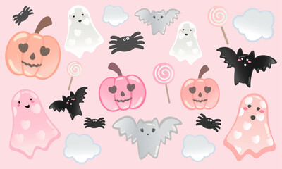 Happy Halloween day element background vector. Cute collection of spooky ghost, pumpkin, bat, candy, moon, spider,Adorable halloween festival elements for decoration, prints.