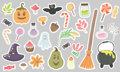 Happy Halloween day element background vector. Cute collection of spooky ghost, pumpkin, bat, candy, moon, spider,Adorable halloween festival elements for decoration, prints.