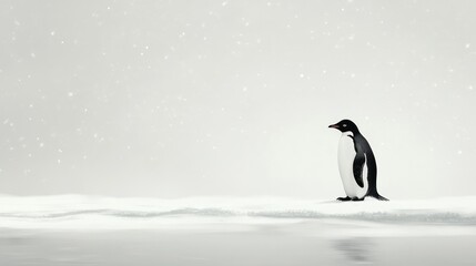 Fototapeta premium A lone penguin stands alert on a flat, icy landscape, with soft snowflakes gently falling around it.