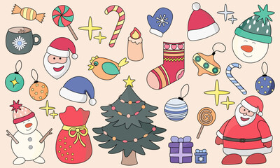 Christmas winter stickers collection with seasonal design, cute animals and elements for scrapbook. New year stickers 