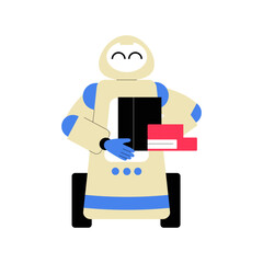 Obraz premium Robot With Delivery Boxes In Flat Vector Illustration Symbolizing AI Driven Package Delivery And Automation, Isolated On White Background.