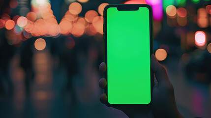 hand holding smartphone with green screen in vibrant city at night, surrounded by colorful bokeh lights. scene conveys modern and tech savvy atmosphere