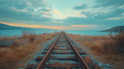Obraz premium Train tracks vanishing into the horizon at sunset, with water in the background.