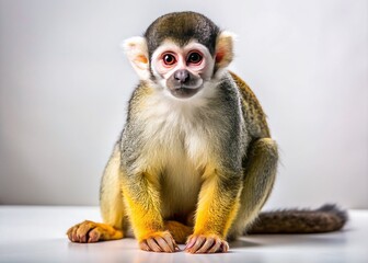 Obraz premium Surreal Portrait of a Squirrel Monkey Against a Minimalist White Backdrop, Isolated on Background for Creative and Imaginative Stock Photography Use