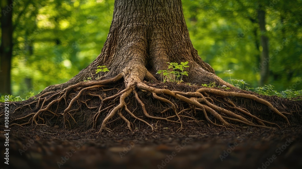 Poster tree roots surrounded by green foliage in a lush forest setting.