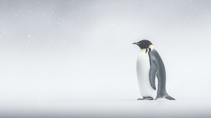 Obraz premium A lone penguin stands alert on a flat, icy landscape, with soft snowflakes gently falling around it.