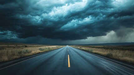 A lonely highway stretching into the distance as massive storm clouds roll in, creating a dramatic contrast between