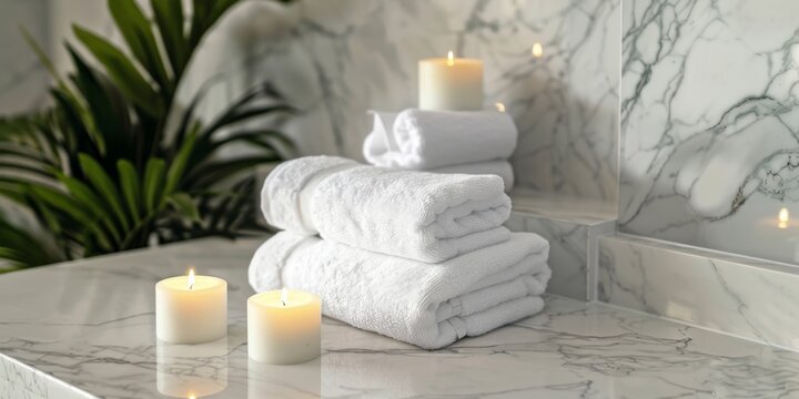 To achieve a sophisticated and calming spa ambiance, incorporate white towels, scented candles, and marble in the bathroom. This inviting setup is ideal for relaxation and unwinding