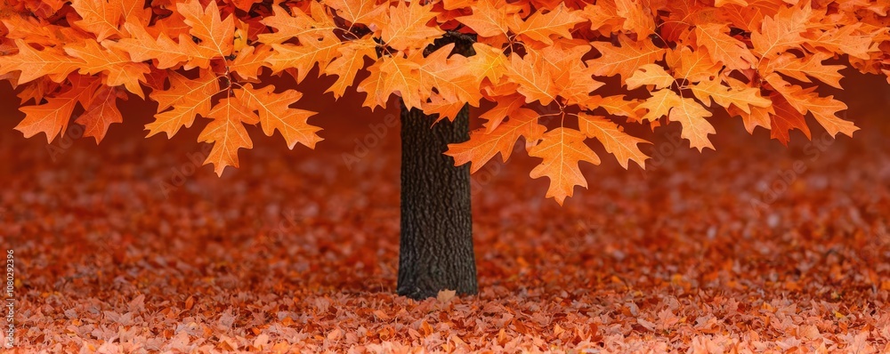 Poster vibrant orange maple tree with autumn leaves on a rustic background.
